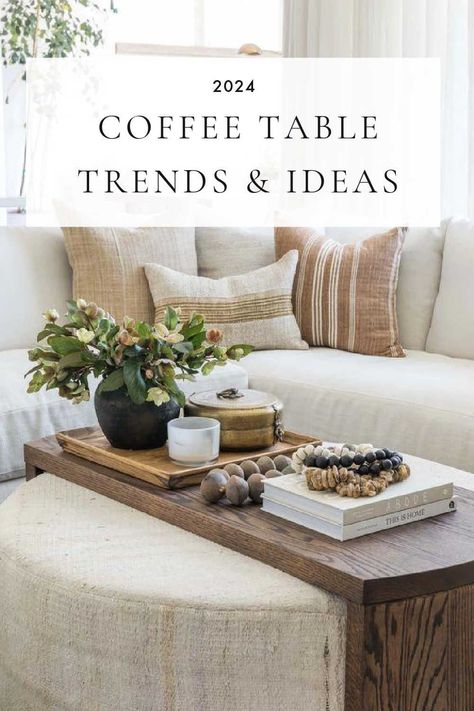 How to choose the best coffee table for your living room, with ideas in every size, shape & style, tips for small spaces, 2024 coffee table trends, modern center tables, and designer inspiration - pure salt interiors Coffee Table Trends, Decorate A Coffee Table, Salt Interiors, Table Trends, Table Organic, Coffee Table Arrangements, Table Decorating Ideas, Coffee Table Decor Living Room, Upholstered Coffee Tables