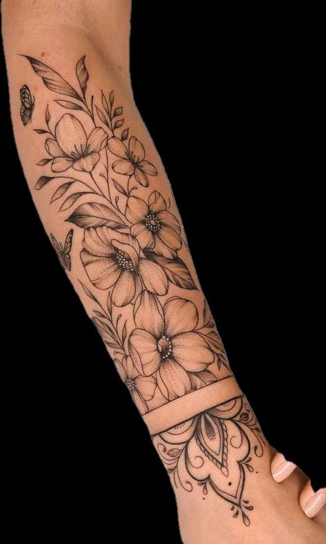 Flower Half Sleeve Tattoos For Women Lower Arm, Half Mandala Tattoo, Camping Tattoo, Flower Tattoo Ideas, Feminine Tattoo Sleeves, Health Tattoo, Pretty Hand Tattoos, Tattoos For Women Half Sleeve, Floral Tattoo Sleeve