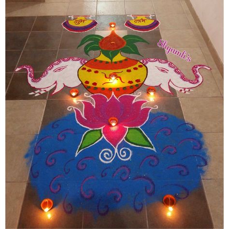 My creative Diwali special rangoli ...water, lotus, kalash, elephants Elephant Rangoli Designs Diwali, Elephant Rangoli Design, Lotus Rangoli For Diwali, Kalash Rangoli Designs, Laxmipujan Rangoli, Elephant Rangoli, Entrance Rangoli, Lotus Rangoli Designs, Christmas Board Decoration