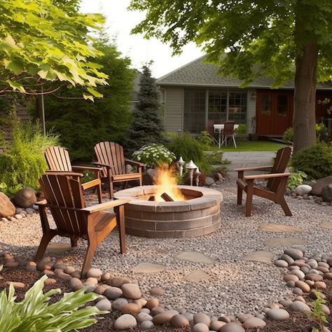 Create a Gravel Fire Pit Area Front Yard Landscaping Idea With Rocks Image Front Yard Patio Ideas With Fire Pit, Gravel Patio Fire Pit, Gravel Fire Pit Area, Tree Landscaping Ideas, Firepit Design, Steel Decor, Rock Yard, Outdoor Fire Pit Area, Landscaping Ideas With Rocks