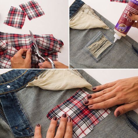 Add grungy-edge to your distressed denim with plaid fabric. Patched Jeans Diy, Diy Distressed Jeans, Diy Ripped Jeans, Denim Diy Clothes, Mending Clothes, Diy Clothes Refashion, Diy Jeans, Diy Vetement, Denim Ideas