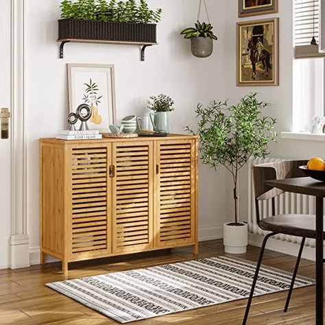 Storage Cabinet Kitchen, Massage Room Decor, Louvered Doors, Kitchen Cupboard Storage, Cabinet Sideboard, Natural Living Room, Sideboard Storage Cabinet, Wood Dining Room, Buffet Sideboard