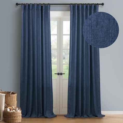 PRICES MAY VARY. Basic Information: 2 LINEN PANELS in 1 package. Each panel measures wide 52 x 90 length. 5-Way Hanging Options: Hang these curtain panels (1)&(2) use your own hooks to pin on fabric tape on the back, pin on your own curtains rings OR track system for a pinch pleat look, (2) using the back loops to create an elegant pinch pleated effect, (2) from the 3 inch rod pocket for a classic look, or (3) using clip rings for easy, slide open and closed (hooks/clip rings are not included) U Black Sofa Blue Curtains, Grey Curtains Blue Sofa, Blue Sofa Grey Curtains, Blue Pattern Curtains, Blue Curtains For Bedroom, Dark Blue Curtains, Patterned Curtains, Navy Curtains, Pattern Curtains