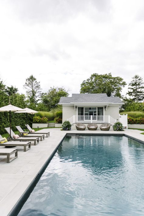 Hamptons Style Pool, Hamptons Backyard, Hampton Pool, Hamptons Pool, Waterline Pool Tile, Hamptons Aesthetic, Outdoor Pool Area, Pool Finishes, Pool Lounge