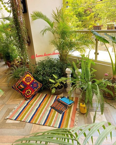 Apartment Balcony Garden, Indian Garden, Indian Room Decor, Small Balcony Garden, India Home Decor, Terrace Decor, Small Balcony Design, Balcony Ideas Apartment Indian, Ethnic Home Decor