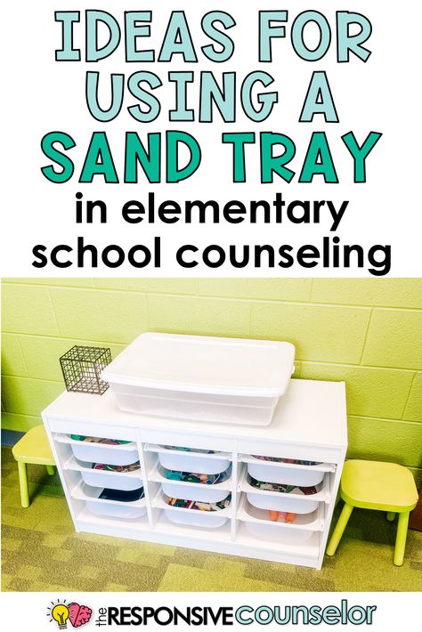 Curious about how to use sand tray in your school counseling office? Read some ideas here! Sand tray counseling prompts for kids, sand tray storage and organization, miniature suggestions, etc. School Counseling Organization Ideas, Sand Tray Miniature Storage, School Counseling Room Ideas, Regulation Room School, School Social Work Office Decorating Ideas, School Counseling Centers, Sel Room Ideas, Sandtray Therapy Storage, Sand Tray Therapy Prompts