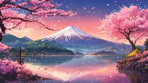 Beautiful Laptop Wallpaper, Cute Landscape Wallpaper Laptop, Cherry Blossom Japan Wallpaper, Japan Pc Wallpaper, Chinese Art Landscape, Cherry Blossom Anime, Cherry Blossom Landscape, Gunung Fuji, Cherry Blossom Wallpaper