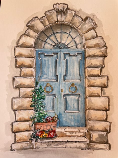 Watercolor Painting Doors Painting Art, Door Painting Ideas Creative, Stained Glass Drawing, Door Drawing, Watercolor Doors, Door Watercolor Painting, Art Deco Website, Watercolor Doorways, Watercolor Doors Paintings