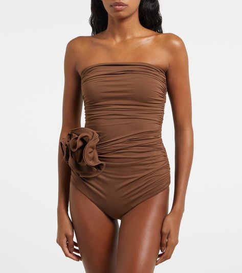 Floral-appliqué ruched swimsuit in brown - Magda Butrym | Mytheresa Magda Butrym Swimwear, Ruched Swimsuit, Magda Butrym, Floral Applique, New Arrival Dress, Low Cut, Luxury Branding, Designing Women, Dresses For Sale