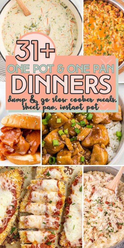 Are you looking for an easy dinner idea that requires only one pan, one pot, or one sheet pan? I have the ultimate collection of 31 One Pot Recipes for those busy days. Wether it's a dump & go slow cooker meal, to a one pot soup on the stove, a one skillet pan dinner, or maybe it's inside the instant pot. I've got the best recipes to choose from that your family is sure to love. Easy One Pot Oven Meals, Easy One Pan Meals For Two, Easy Dinner For 3 People, Menu Planning Meal Ideas, Cheap Sheet Pan Meals, Oven Family Dinners, Single Pan Dinners, One Pot Dinner Recipes For Family, Single Pan Recipes