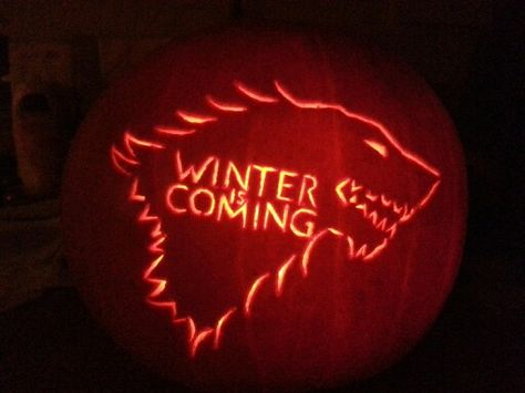 WINTER IS COMING from Game of Thrones Halloween nerdy geeky Pumpkin carving I made the pattern myself Pumpkin Carving Ideas Game Of Thrones, Game Of Thrones Pumpkin Carving, Game Of Thrones Pumpkin, Pumpkin Carving Games, Game Of Thrones Halloween, Pumpkin Templates, Pumpkins Ideas, Scary Night, Halloween Pumpkin Carving Stencils