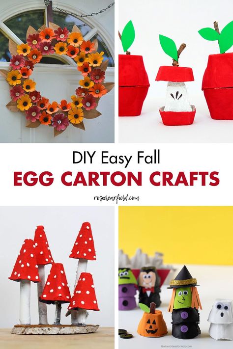 A round-up of 15 easy DIY fall egg carton crafts! Simple recycled autumn projects for kids and adults alike, including Halloween and Thanksgiving projects. There are tutorials for apples, foxes, acorns, pumpkins, mushrooms, spiders, monsters, turkeys, wreaths, and more. #eggcartoncrafts #fallcrafts #autumncrafts #recycledcrafts Egg Carton Fall Crafts, Egg Cartons Craft, Egg Crate Crafts, Toadstool Craft, Egg Carton Crafts For Kids, Diy Egg Carton, Egg Carton Craft, Egg Carton Art, Easter Crafts To Make