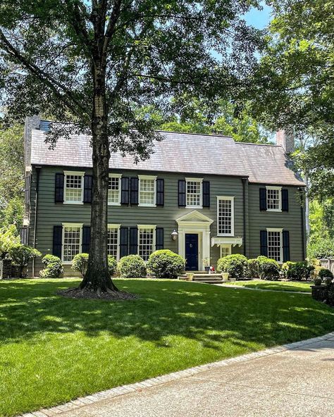 1980s Colonial House Remodel, Updated Colonial Exterior With Columns, American Suburban House Exterior, Blue Colonial House Exterior, Updated Colonial Exterior, New England Colonial House Exterior, Small Colonial House, Colonial House Remodel, New England Colonial House