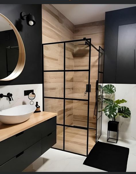 White Black And Wood Interior Design, Laundry Bathroom Ideas, Black And White Toilet, Black And Wood Bathroom, Bathroom Black And White, Modern Bathroom Trends, Black White Bathroom, Small Toilet, Bathroom Design Decor