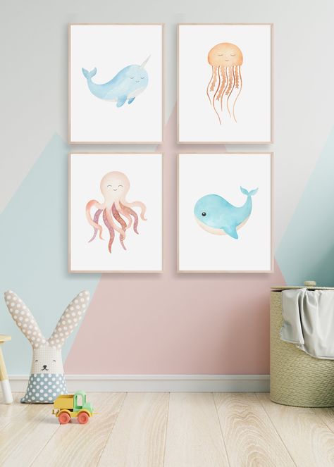 Baby Girl Ocean Theme Nursery, Sea Creatures Nursery, Nautical Nursery Girl, Sea Animal Nursery, Under The Sea Nursery, Nursery Wall Painting, Animal Kids Room, Ocean Themed Nursery, Beach Nursery