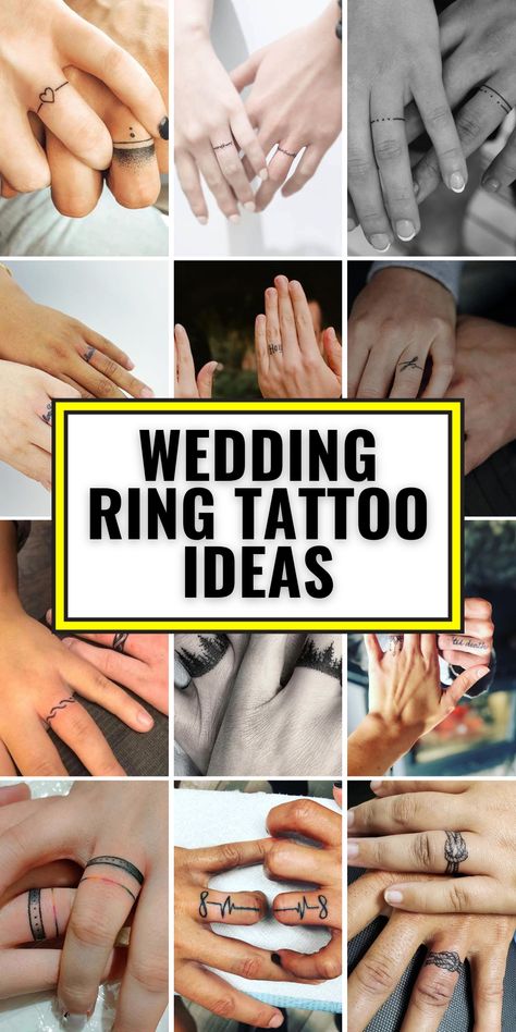 Unique Wedding Ring Tattoo Ideas for Couples: Elegant, Simple, and Meaningful Designs Matching Wedding Finger Tattoos, Couple Tattoo Designs Relationships, I Love You More Tattoo Couple, Roman Numeral Wedding Band Tattoo, Harry Potter Ring Tattoo, Small Couple Tattoos Marriage Ring Finger, Couple Tattoo Ring Finger, Woman Ring Tattoo, Husband Wife Ring Tattoos