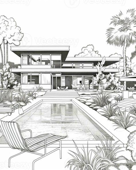 a drawing of a house with a pool and lounge chairs. generative ai. House With Pool Drawing, House Design Drawing Sketch, Dream House Drawing Sketch, Simple House Sketch, Pool Sketch, Rich People Houses, Mansion Drawing, Houses Drawing, Drawing Of A House