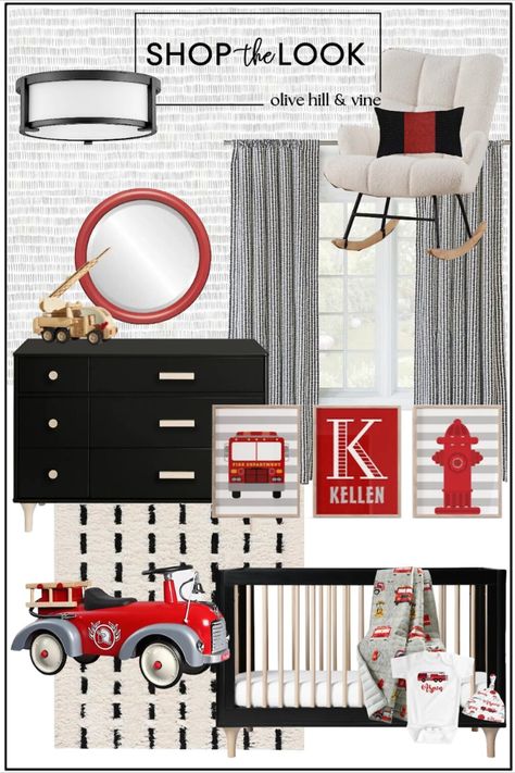 Create a captivating ambiance in your firefighter theme nursery by seamlessly blending pops of red with a sleek black and white color palette. These bold accents of red against a backdrop of classic neutrals will infuse the room with energy and style, igniting a sense of adventure that's perfect for your little one's imagination to take flight. Shop the look at olivehillandvine.com! Red And Black Nursery, Red Nursery Ideas, Firefighter Nursery Baby Boy, Red Nursery Boy, Firefighter Nursery, Grey White Nursery, Fire Truck Nursery, Red Nursery, Grey Nursery Boy