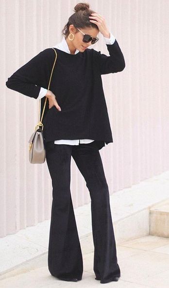 Black Flare Dress Pants Outfit, Black Flare Pants Work Outfit, Black Flare Jeans Outfit Work, Tuesday Office Outfit, Black Flair Pants Outfits Work, Jeans Flare Outfits Invierno, Flare Pants Outfit Work, Black Flared Pants Outfit Winter, Flared Trousers Outfit Winter