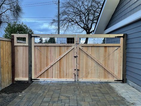 Double Wooden Gates, Being Elegant, Cedar Gate, Panel Fence, Double Gate, Steel Gate, Backyard Remodel, Wooden Gates, Fence Gate