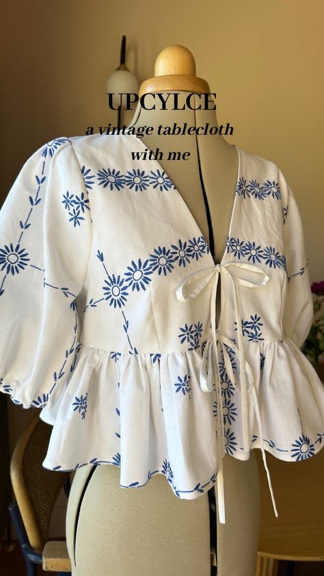 Studio Spokes | Vintage tablecloth upcycle 🤍🦋 As well as the tie side camis, I have also been working on some embroidered tie front tops for the next… | Instagram Tablecloth Upcycle, Tie Front Tops, Embroidered Tie, Diy Vetement, Top Sewing Pattern, Diy Sewing Clothes, Grunge Makeup, Diy Blouse, Blouse Diy