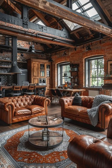 29 Industrial Living Room Ideas 12 Industrial Living Room Design, Industrial Style Living Room, Industrial Living Room, Leather Couches, Brick Interior Wall, Brick Interior, New York Loft, Brick Loft, Industrial Living