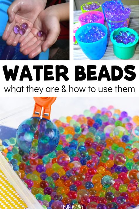 Water beads are such a fun sensory experience for kids and can be used for so many engaging activities. Click on the Fun-A-Day.com link to read more about how to use water beads with kids. Crafts With Water Beads, Water Beads Activities, Beads Activities, Early Childhood Education Resources, Water Gems, How To Make Water, Bead Tips, Gel Beads, Activities For Preschool