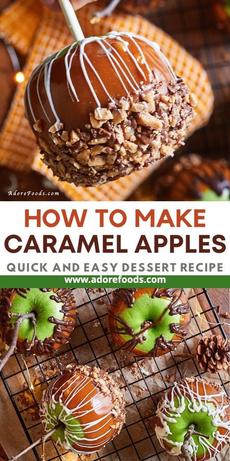 Gourmet Homemade Caramel Apples are a delicious treat that is perfect for any occasion. These caramel apples are easy and fun to make, and you can decorate them with as many crunchy, chewy, nutty, or crispy toppings as you want! The tart Granny Smith apples perfectly complement the rich, creamy caramel, making for a flavor explosion in every bite. Step by step instructions with photos Homemade caramel apples | Best Caramel Apples Recipe | Chocolate Caramel Apples | Caramel Dip for Apples Caramel Dip For Apples, Best Caramel Apples, Best Caramel Apple Recipe, Easy Fall Treats, Dip For Apples, Homemade Caramel Apples, Apples Recipes, Chocolate Caramel Apples, Gourmet Caramel Apples