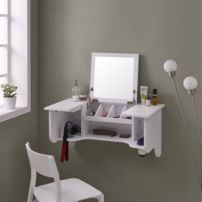 Boston Loft Furnishings Shelf ATG0957 Blissy Wall Mount Ledge w/ Vanity Mirror Organizing Makeup, Makeup Vanity Storage, Muebles Shabby Chic, White Makeup Vanity, Compact Vanity, Accessories Styling, How To Clean Mirrors, Dekorasi Kamar Tidur, Wall Mounted Vanity