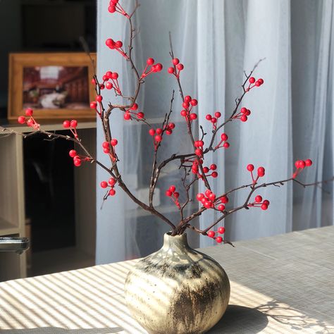 Burgundy Berry Branch Plant For Living Room, Poppy Flower Drawing, Holly Ornament, Chinese New Year Flower, Living Room Arrangement, Vase With Branches, Berry Branch, Room Arrangement, Red Cherry Blossom