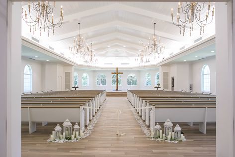 Wedding Venues Church, Reception Table Centerpieces, Church Wedding Ceremony, Harbor Wedding, Wedding Venues Indoor, White Pillar Candles, Church Wedding Decorations, White Centerpiece, White String Lights