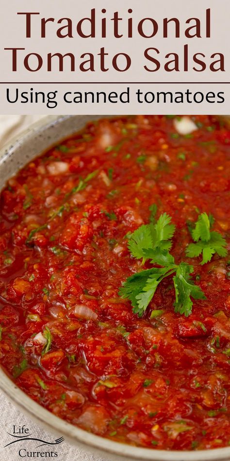 a large bowl of tomato salsa garnished with cilantro leaves, title on top: Traditional Salsa Recipe using canned tomatoes. Salsa With Crushed Tomatoes, Salsa From Canned Diced Tomatoes, Salsa Recipe Using Canned Tomatoes, Traditional Salsa Recipe, Mild Salsa Recipe, Hot Salsa Recipes, Salsa With Canned Tomatoes, Canned Salsa Recipes, Salsa Canning Recipes