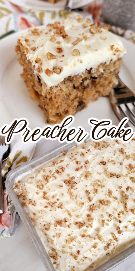 Preacher Cake! This tender, moist cake recipe with crushed pineapple, pecans, coconut and cream cheese frosting is an old Southern tradition to serve when the preacher comes by for a visit! Southern Pineapple Cake, Pea Picking Cake, Preachers Cake, Crushed Pineapple Recipes, Cake With Crushed Pineapple, Crushed Pineapple Cake, Recipes With Crushed Pineapple, Preacher Cake, Recipes Using Cake Mix