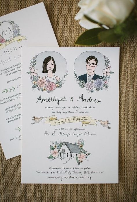 18 Inspirasi Undangan Pernikahan Unik yang Bikin Kamu Ingin Cepat Nikah Illustrated Wedding Invitations, Wedding Invitation Kits, Wedding Invitation Inspiration, Wedding Illustration, Invitation Kits, Invitation Inspiration, Wedding Invitations Diy, Wedding Stationary, Wedding Invitation Design