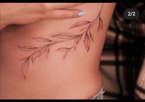 Rib Vine Tattoos For Women, Vine On Ribs Tattoo, Botanical Ribcage Tattoo, Vine Tattoo Side Ribs, Lower Torso Tattoos For Women, Leaves Hip Tattoo, Wrap Around Rib Tattoo, Leaf Tattoo Ribs, Plant Rib Tattoo