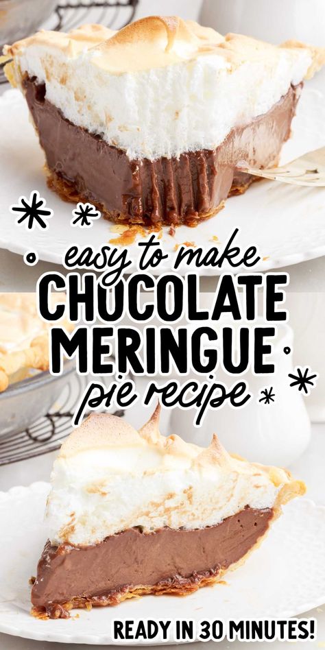 Rich and decadent, this chocolate meringue pie is a dream come true for anyone who loves chocolate. Chocolate Meringue Pie Recipe, Cold Pies, Homemade Chocolate Pie, Chocolate Meringue Pie, Easy Chocolate Pie, Adult Snacks, Meringue Topping, Paris Bakery, Meringue Pie Recipes