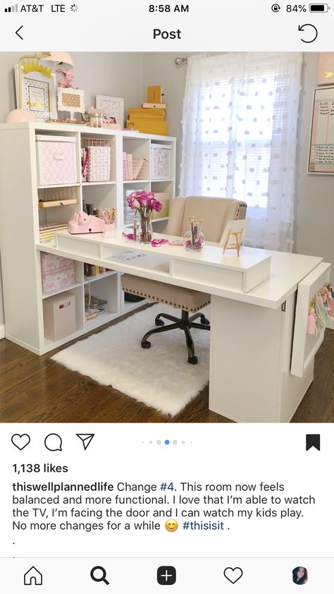 Home Office/craftroom Ideas, White And Gold Craft Room, Vanity And Office Room Ideas, Craft Area In Living Room, Desk Facing Door, Kallax Home Office, Cricut Office Space, L Shape Desk Office Layout Small Spaces, Home Office And Playroom Combo