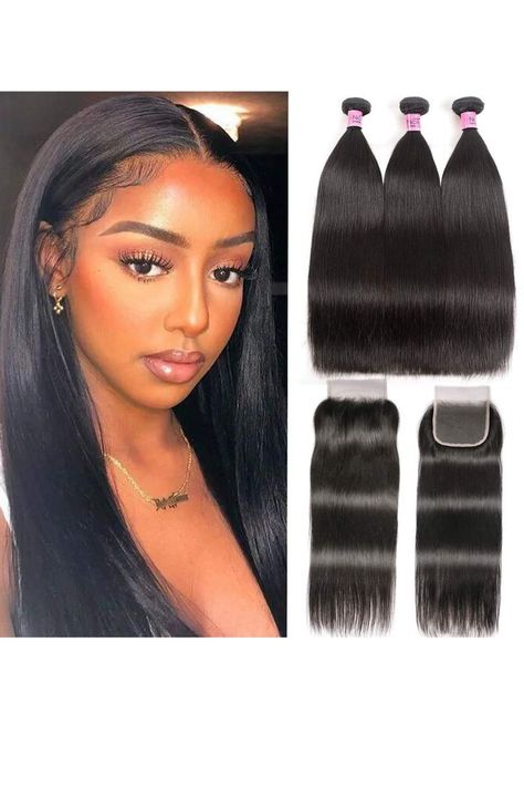 Unice Malaysian Straight Hair 3 Bundles Virgin Human Hair Wefts with Free Part Lace Closure 100% Unprocessed Human Hair Extensions(18 20 22+16Closure) Sew In Hairstyles With Closure, 12 Inch Weave, Sew In Weave With Closure, Sew In With Closure, Weave With Closure, Vixen Sew In, Full Sew In, Straight Weave, Split End