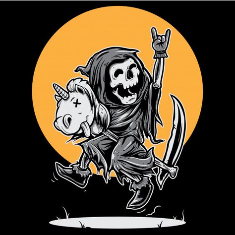 Grim reaper happy riding unicorn toy Pre... | Premium Vector #Freepik #vector #background #cartoon #sun #skull Grim Reaper Drawing, Reaper Drawing, Grim Reaper Art, Doodle Tattoo, Skull Artwork, Skeleton Art, Unicorn Toys, Halloween Drawings, Halloween Tattoos