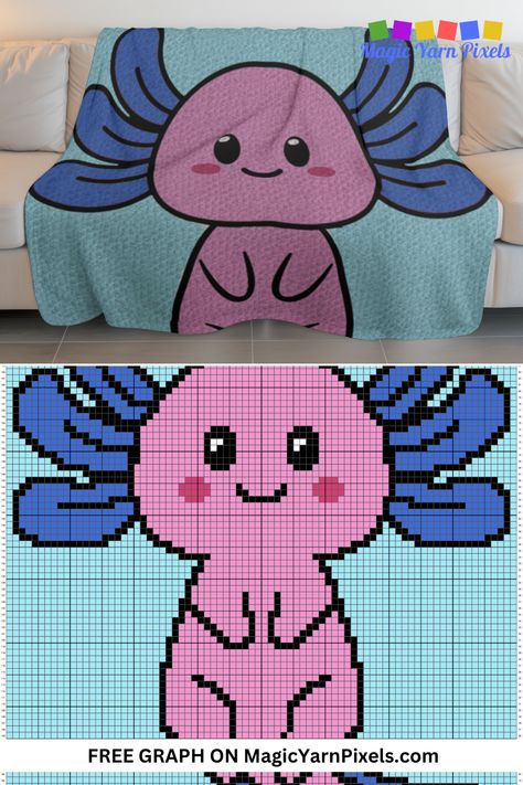 Create a cozy blanket design with my free C2C graph of Baby Axalotl. This unique crochet blanket is perfect for kids and adults who love aquatic creatures like the axolotl. Download the free crochet graph from MagicYarnPixels. Written C2C and row-by-row patterns with multipage graphs are also available. C2c Patterns Graph, C2c Crochet Chart, C2c Crochet Blanket Pattern, C2c Blanket Pattern, Graphgan Patterns, Free C2c Crochet Pattern, C2c Crochet Blanket Pattern Free, C2c Blanket, Free Tapestry Crochet Patterns