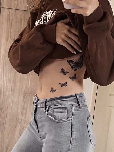 Butterfly Rib Tattoo. Butterflies Tattoo Stomach, Butterfly Side Stomach Tattoo, Butterfly Tattoo Side Stomach, Side Tattoos Butterflies, Butterfly Tattoo Going Up Side, Butterfly Torso Tattoos For Women, Side Tattoo Butterfly, Side Tattoos Women Butterflies, Upper Ab Tattoos Women