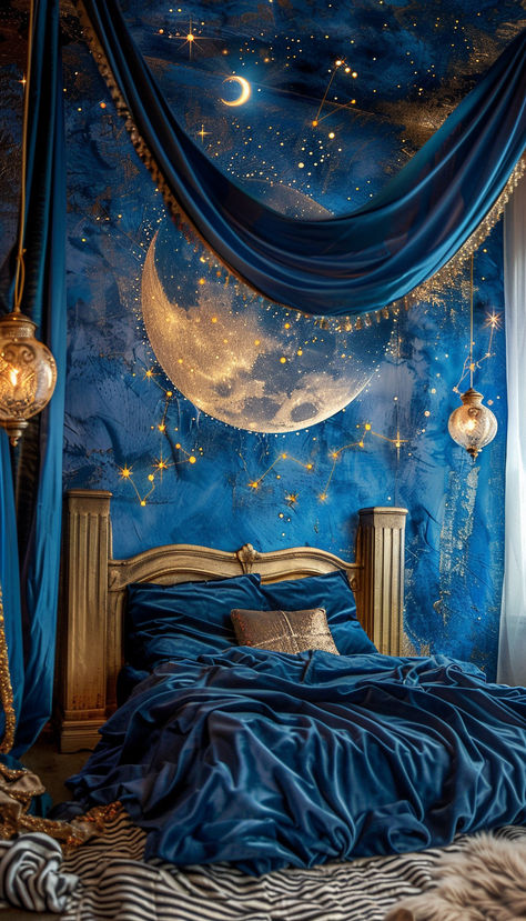 Gold and blue stars and moon celestial main suite inspo Celestial Academia Aesthetic, Celestial Furniture Diy, Sun Themed Bedroom, Sun And Moon Bedroom Theme, Dark Blue And Gold Bedroom, Moon And Stars Room, Blue And Gold Room, Books Shatter Me, Celestial Room Aesthetic