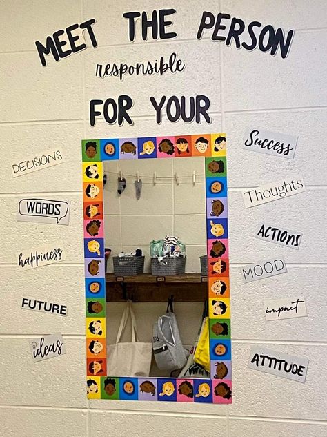 Social Work Board Ideas, Backpack Station Classroom, Sel Room Ideas, Look At Our Work Bulletin Board, Kindess Board, Wellness Classroom Ideas, Inspirational Bulletin Boards For Work, Teacher Wall Decor, Sel Classroom Decor