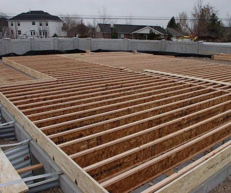 Framing A Floor Using "I" JoistsThis article teaches you how to build a floor for a house on a concrete foundation. This framing system can also be used for framing storage shed floors.This floor framing system is typical over basements and crawl spaces. Joist spans and spacing are determined by engineering that is published by the manufacturer.Every floor joist manufacturer has product literature and telephone support with engineered span and spacing tables specifying typical joist... Concrete Foundation, Shed Floor, Framing Construction, Build A Playhouse, Home Building Tips, House Foundation, Build Your Own House, Floor Framing, Diy Shed