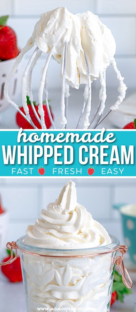 This simple Homemade Whipped Cream recipe yields the most perfect, lightly sweetened whipped cream imaginable. Made with just 3 simple ingredients and ready in just 5 minutes, it really is the perfect topping for cakes, pies and ice cream! // Mom On Timeout Make Whipped Cream, Homemade Whipped Cream Recipe, Whipped Cream Recipe, Mom On Timeout, Recipes With Whipping Cream, Baking Stuff, Sunday Dinners, Making Whipped Cream, Dessert Recipies