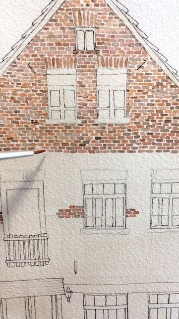 Brick House Watercolor Painting, Brick House Illustration, Brick Wall Watercolor, Watercolor Brick House, Watercolor And Pen Art Illustrations, Brick House Drawing, Bricks Watercolor, Brick House Painting, Brick Watercolor