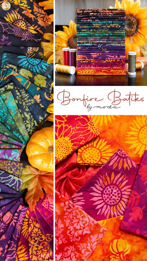 Coming Soon in July 2023! Welcome to Shabby Fabrics, your destination for the vibrant and festive Bonfire Batiks fabric collection from Moda Fabrics. Immerse yourself in the warmth and beauty of autumn with this captivating collection of hand-dyed batik fabrics. Bonfire Batiks is a celebration of the season, featuring jewel tones and mottled orange hues that perfectly capture the essence of fall. The collection showcases a variety of fall motifs, including leaves, pumpkins, and sunflowers! Batik Aesthetic, Batic Fabric, Fall Motifs, Batiks Fabric, Moda Fabric Collections, Fall Sewing Projects, Fabric Outlet, Sew Projects, Fall Sewing