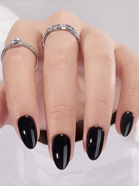 black press on nails almond Oval Pointy Nails Short, Squoval Dark Nails, Matte Black Nails Almond Shape, Black Gel Extension Nails, Moody Almond Nails, Medium Round Acrylic Nails, Small Almond Nails Acrylic, Black Gel Nails Almond, Simple Birthday Nails Almond