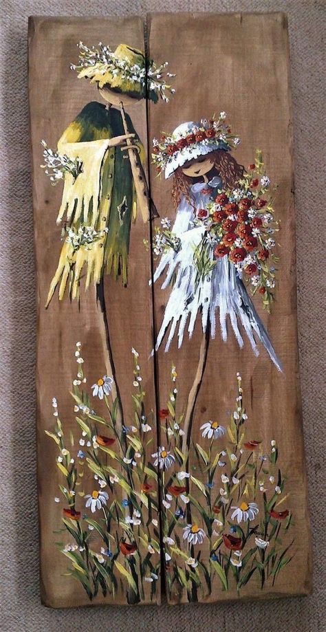 Wood Flower Painting, Painting On Wood Planks Art, Paintings On Barnwood, Painted Wood Flowers Ideas, Wood Art Paint Flowers, Barn Wood Art, Clown Paintings, Pink Canvas Art, Art Deco Artwork