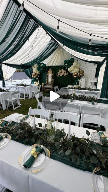 Fausta's Party Decor on Instagram: "Backyard quinceñeras  are becoming more and more common now. Contact us for your next event to transform your space✨

The following provided by us @_faustaspartydecor 

20x30 tent with draping
13 rectangle tables
13 linens
100 resin chairs
Backdrop and balloon decor
15 marquee numbers
Candy cart with dessert stands 

Throne chair/laser cut @unique_creations951

Client provided greenery for tables…definitely learned a thing or two! Her tables looked great😍

#misquince #backyardtransformation #tentdraping #backdropdecor #thronechair #marqueenumbers #decorforanyoccasion #contactus" Small Backyard Party Set Up, Backyard Quince, Tent With Draping, Long Tables Under Tent, Outdoor Tent Party Backyards Walmart, 40x40 Tent Table Layout, Tent With Greenery, 10 X 30 Party Tent, Marquee Numbers